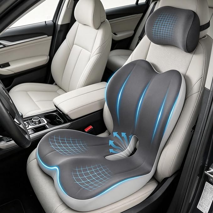 Truck Seat Cushion and Headrest Set for Long Driving - Memory Foam Car Seat Driver Cushion for Tailbone, Back & Sciatica Pain Relief, Ergonomic Lumbar Support for Semi Truck - Drak Gray
