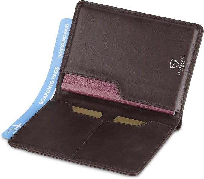 Vaultskin KENSINGTON Passport Holder for Travel, RFID Wallet (Brown) | Slim genuine leather book cover, small case for men and women, inner sleeve, cards, cash, scan blocking protection, gift box