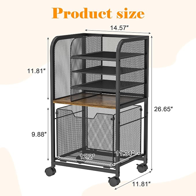 Feyejade 5-Tier Rolling File Cart Cabinet Under Desk Storage Organizer | Letter-Size Hanging File Folders, Under Desk Mobile Filing Storage, Multi-Layer Mesh Drawers, Office Efficiency Furniture