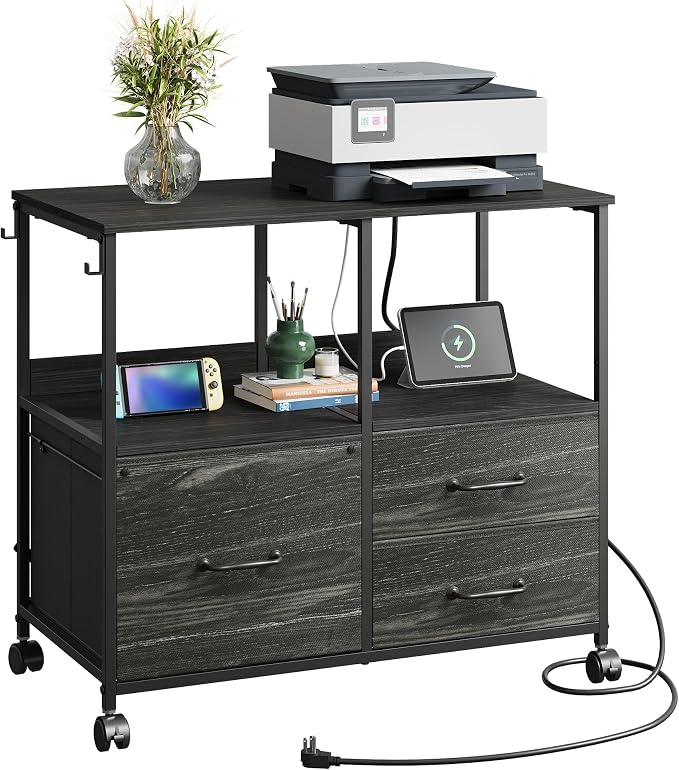 DEVAISE 3 Drawer Mobile File Cabinet with Storage Shelf, Charging Station | Fabric Lateral Filing Cabinet fits A4 or Letter Size, Adjustable Shelf for Home Office, Charcoal Black Wood Grain Print