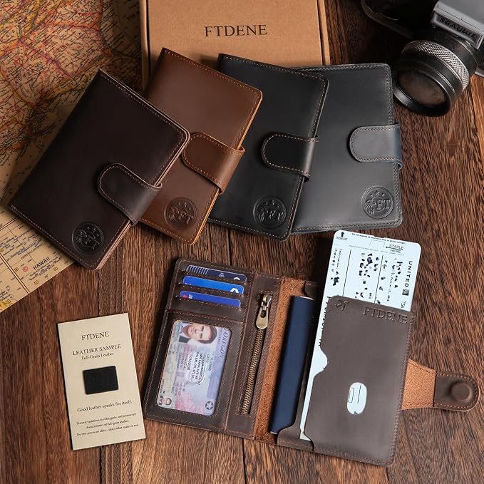 Passport Wallet for Men, Full Grain Leather Passport Holder, AirTag Slot | 2-3 Passport Capacity, Slim for Travel, Multiple Pockets, Magnetic Closure, RFID Blocking, 3 Card Slots, Antique Brown