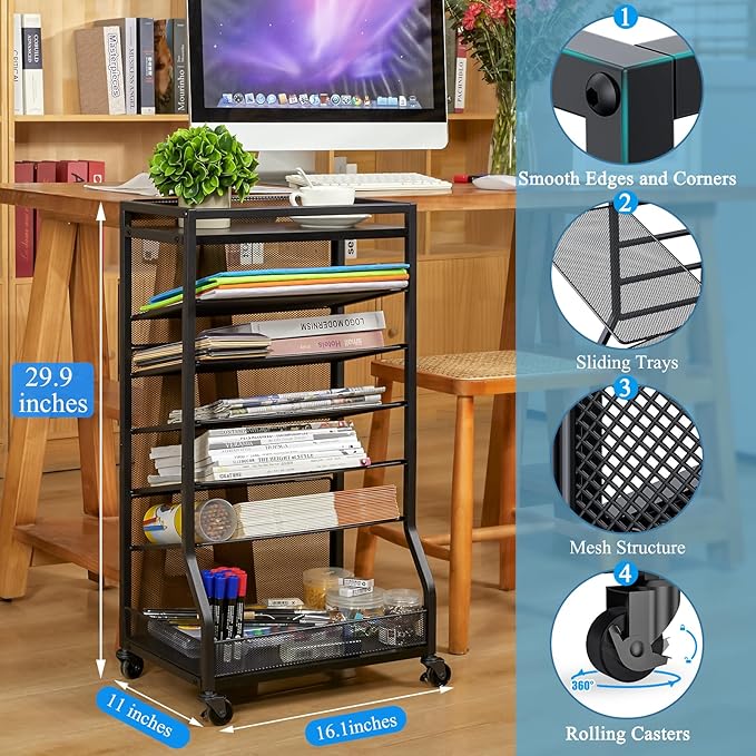 ThreeHio 7 Tier Rolling File Cart with Sliding Trays, Wood Metal File Organizer Beside Desk, Free-Standing File Holder, Paper Letter Tray Organizer Mesh Desk Organizer for Home Office School (Patent)