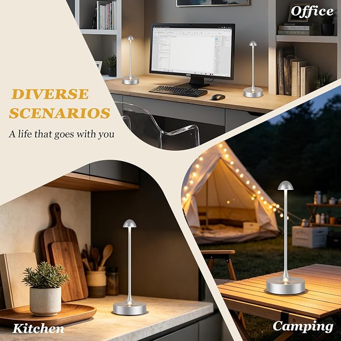 Kakanuo Rechargeable Cordless Table Lamp, Battery Operated Lamps, 3-Color Stepless Dimming, Portable Wireless Desk Lamp, LED Lighting for Dining Room, Restaurant, Office, Bar, Home(Silver 2 Pack)