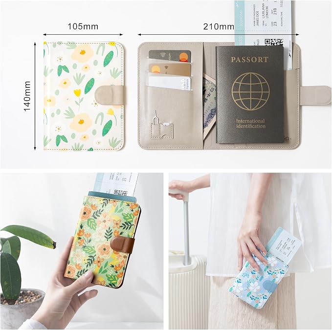 Leatherette Passport Holder with Floral Patterns, Premium PU Leather, Snap Button Closure, Travel Wallet Cover for Passport, Boarding Pass, and Cards (Enchanting blossom)