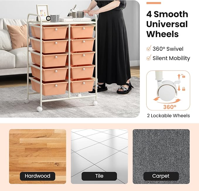 BECOMFORT 10-Drawer Rolling Cart with Drawers, Storage Cart on Wheels, Teacher Classroom Organizers with Metal Frame, Mobile Craft Cart, Trolley Utility Cart for School Office Play Room