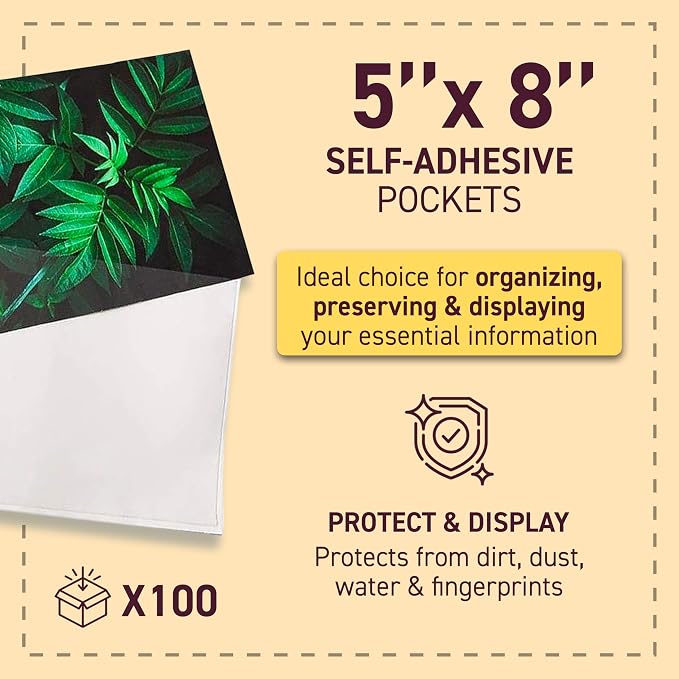 Tarifold Self-Adhesive Photo Pockets, 5 Inches x 8 Inches, Clear, 100 Pack | 100 clear polypropylene pockets, 5 inches x 8 inches, self-adhesive backing, protects photos and cards, top-loading