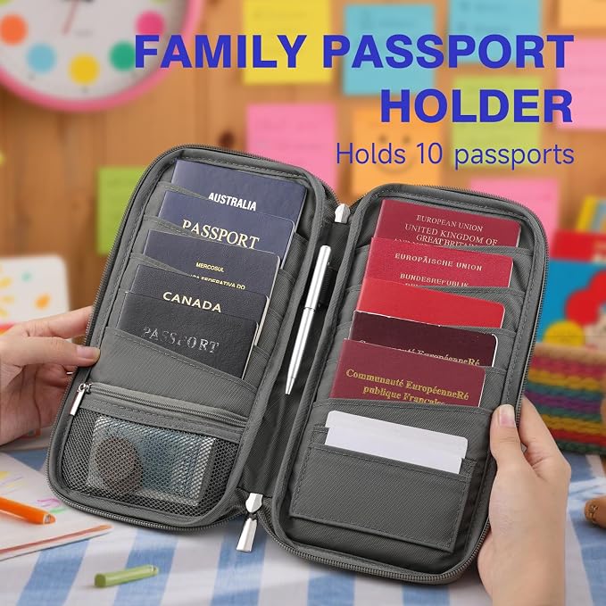 WALNEW Passport Holder Travel Family for 10, RFID Blocking Passport Wallet | Travel Documents Organizer with Zipper, for Cards, Cash, Boarding Passes, Tickets, International Travel Essentials