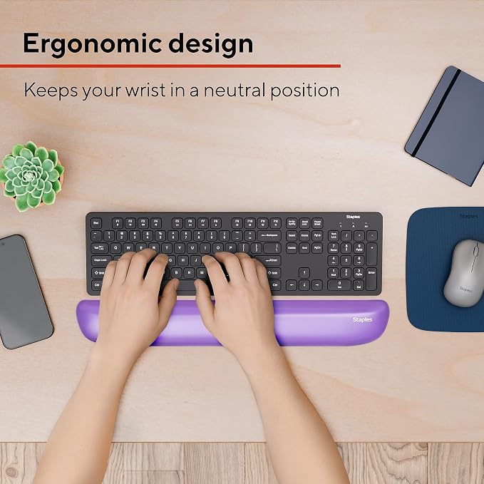 STAPLES Gel Keyboard Wrist Rest, Ergonomic Non‑Slip Wrist Support Cushion for Comfortable Typing, Durable Gel‑Filled Design, Purple Crystal
