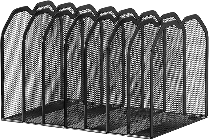 FANXIYQ Black 7-Section File Folder Organizer for Desk – Metal Vertical File Holder, Desktop File Organizer Vertical Stand, Letter/A4 Folder Rack, Upright File Sorter, Office Paper Organizer