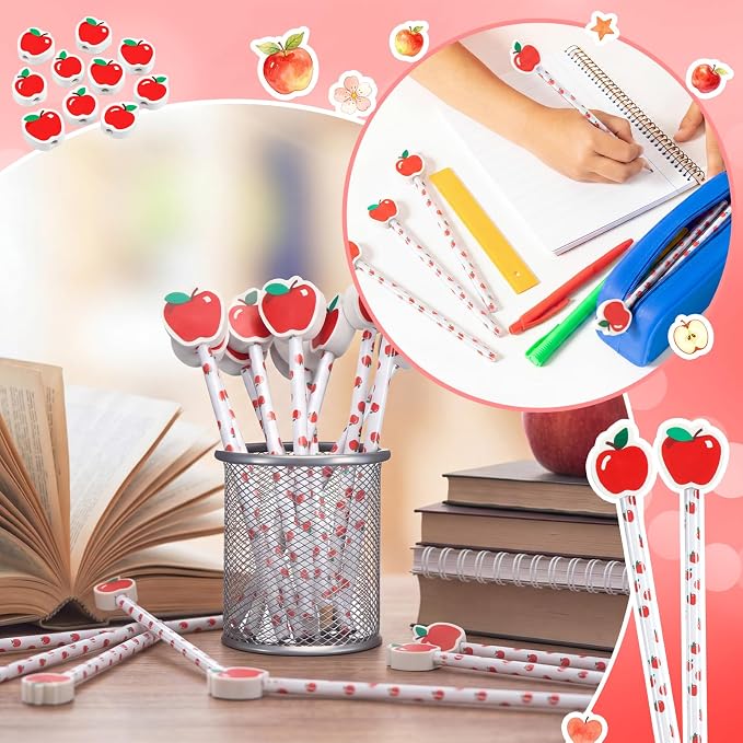 32 Pcs Apple Theme Pencil with Eraser Back to School Party Favors First Day of School Stationery Supplies for Classroom Exchange Gift Student Teachers' Day Reward Supplies