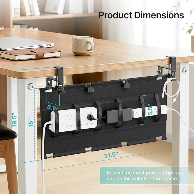 PEGZONE No Drill Under Desk Cable Management Tray, 31.5" Fabric Organizer | Clamp/Screw Premium Mount Cord Holder, for Power Strips, Adapters, with 2 Hooks & 1 Tie Roll for Home Office Gaming, Black