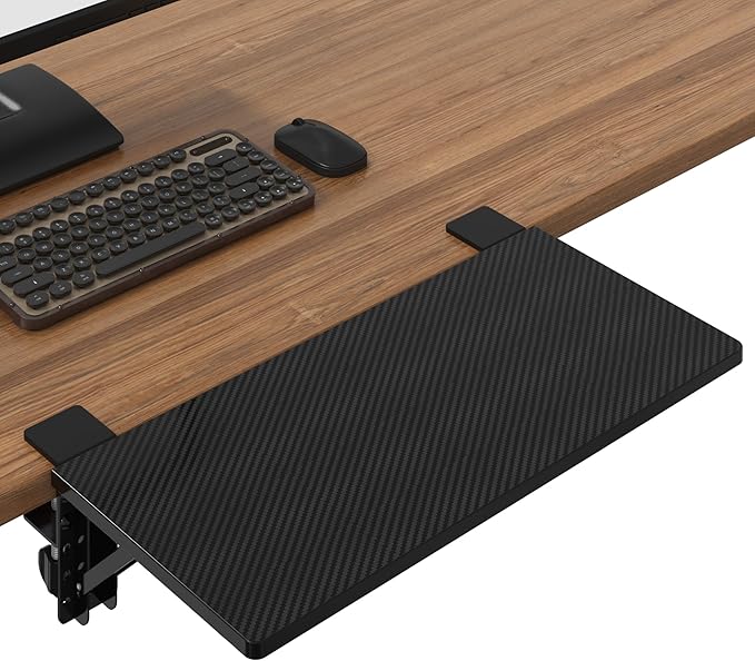 BONTEC Small Ergonomics Desk Extender Tray, 20 x 9.5 Inch, Black Carbon | 90° Foldable Keyboard Tray Platform, Table Mount Arm Rest Shelf, Clamp on Computer Arm Rest, Suitable for Office Use