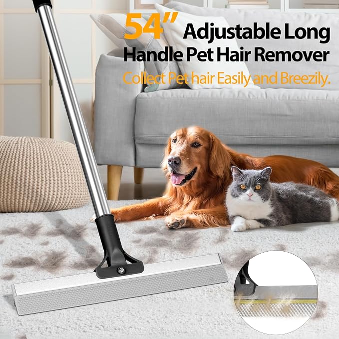 Carpet Rake for Pet Hair Removal, Dual-Action Hair Remover, Black | 2 in 1 TPU and Copper Rake Teeth, 54’’ Adjustable Long Handle, Reusable Cat & Dog Fur Broom for Carpets,Rugs, Mats,Car