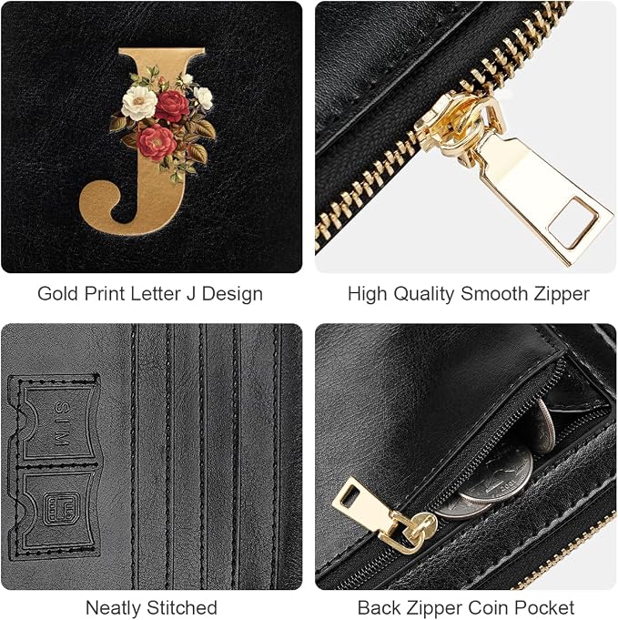 Passport Holder for Travel Personalized Wallet with Wristlet Women | Passport Cover, RFID Blocking, Passport Book Holders, Back Coin Pocket, Zipper Closure, Roses Initial Letter, Black J