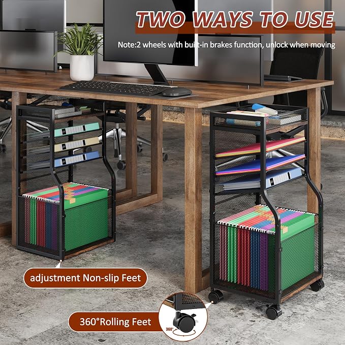 3IngSeagulls Rolling File Cart, 5-Tier Mobile Filing Cabinet on Lockable Wheels, Under Desk Storage, Mesh Sliding Hanging Folder, Office Storage & Organization Cabinet for Office, Home, and School