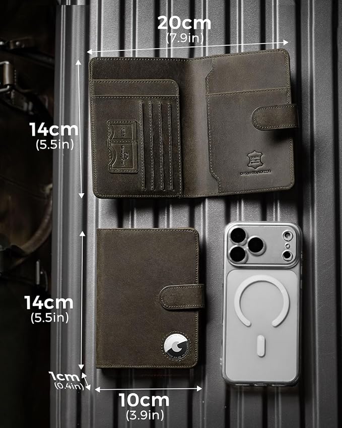 Passport Holder for Travel: Full Grain Leather Passport Cover with Airtag Holder Magnetic Buckle for Men - RFID Blocking Bifold Wallet for Air Ticket Card Cash Coin (Black-yellow)