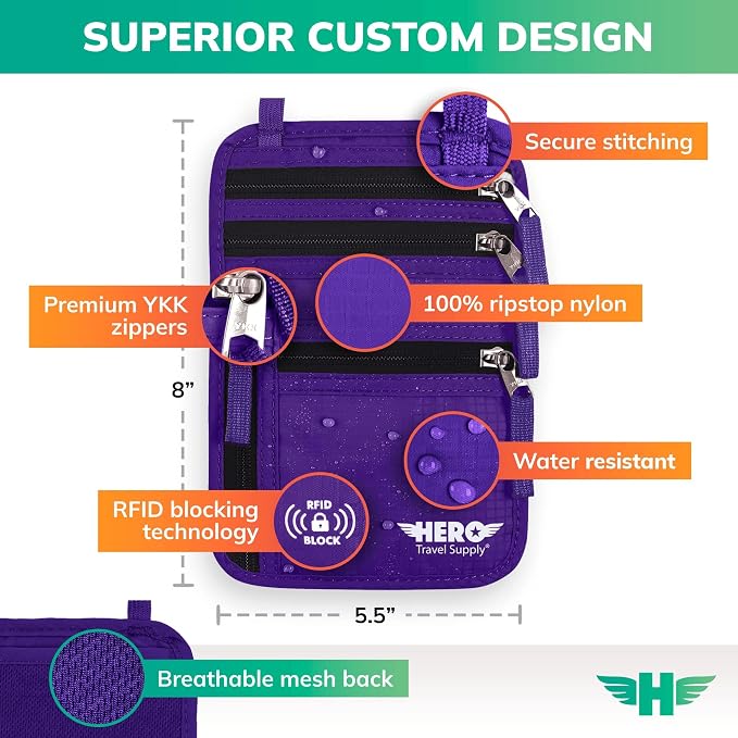 HERO Neck Wallet - RFID Blocking Passport Holder, Easy to Conceal Travel Pouch (Purple)