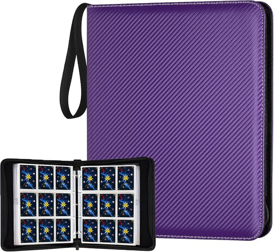 900 Pockets Round Ring Trading Card Binder, 9-Pocket Clear Zipper Card Album with Wrist Strap, Holds 900 Standard TCG & Sports Cards, Not Fit Top Loaders (Carbon Purple)