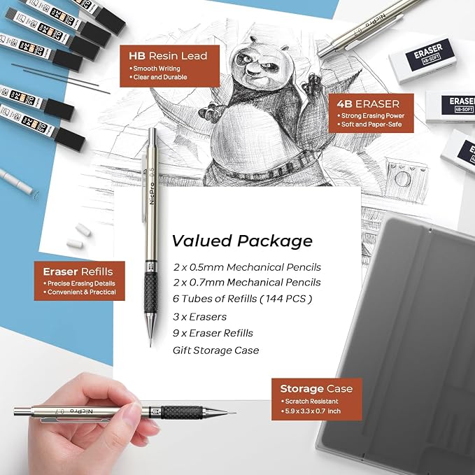 Nicpro Art Mechanical Pencil Set in Case, 4 PCS Metal Drafting Pencil | Metal Drafting Pencil Lead Pencil+6 Tube Lead Refills, Eraser, Comfort Grip For for School Writing, Artist Drawing Sketching