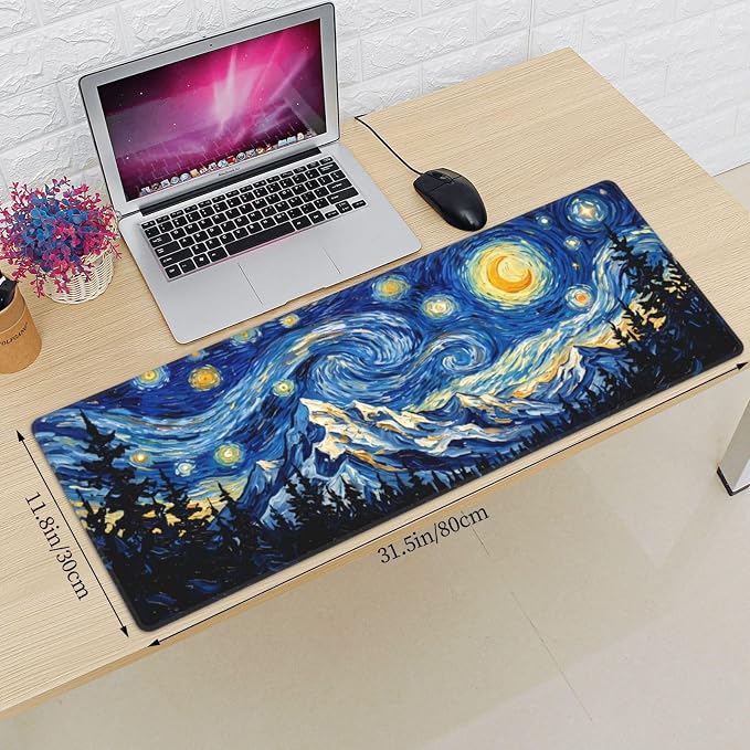 Starry Sky Forest Gaming Mouse Pad Extended Desk Mat 31.5x11.8in | Gaming Mousepad, Non-Slip Rubber Base, Large Keyboard Pad with Stitched Edges, Desktop Protector, for Office Home