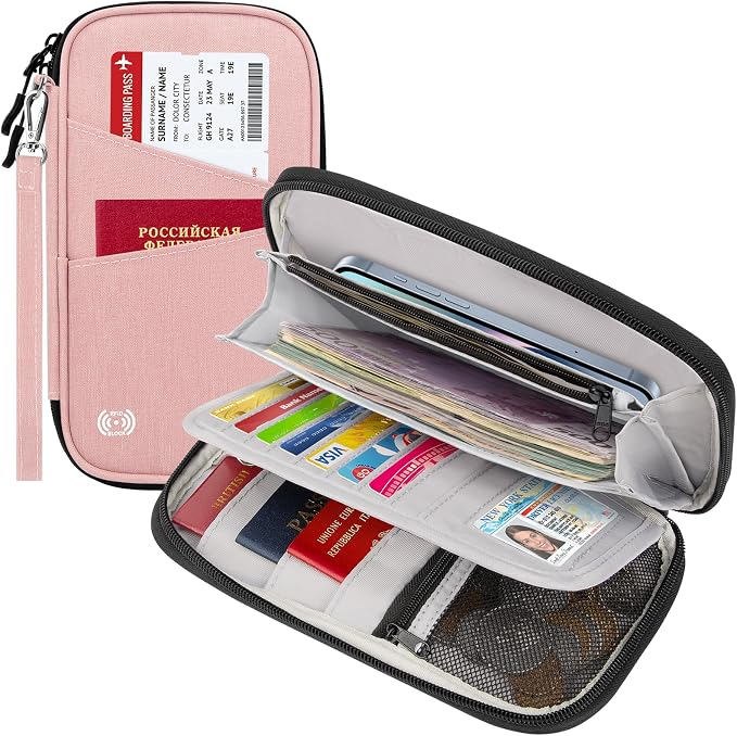 BKNOOU Family Passport Holder RFID Blocking Travel Document Organizer | Large Capacity (5 passports+13 cards), RFID Blocking, Air Travel Essentials, Detachable Wrist Strap and Shoulder Strap