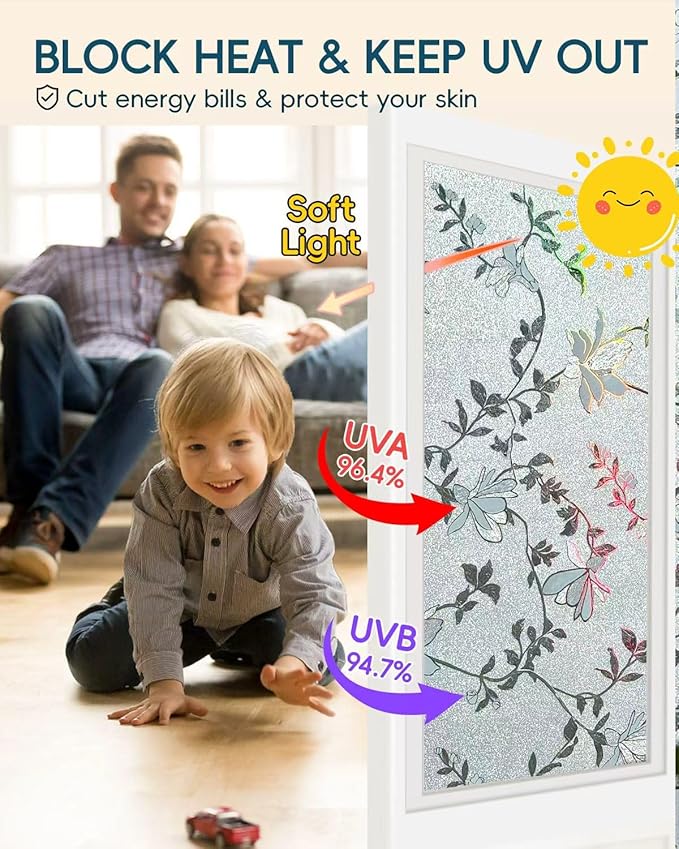 Frosted Glass Window Film with Elegant Flower Design, Bathroom Window Privacy Film for Glass Windows Cover, Static Cling, Removable, Reusable, Anti-UV, Anti-Glare, 23.6 Inch * 157.4 Inch
