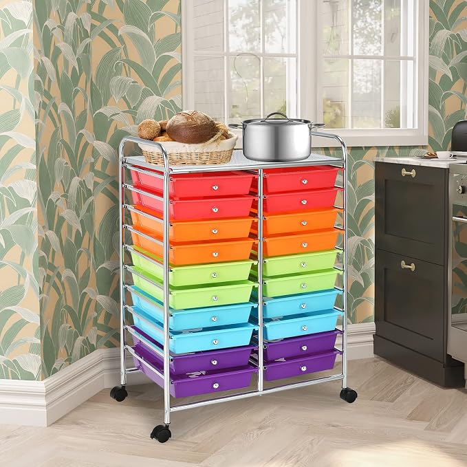 COSTWAY 20-Drawer Rolling Storage Cart, Utility Storage Organizer Cart | For Tools, Scrapbook, Paper, Craft, Multipurpose Storage Trolley on Wheels for Home Office School (Multicolor)