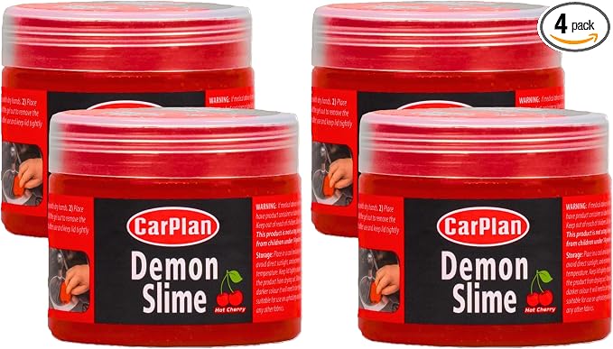 CarPlan Demon Slime 5.6 Oz - Car Interior Cleaner Gel | Putty Removes Dust & Dirt - for Detailing, Cleaning Vents, Cup Holders, Keyboards, Offices | Hot Cherry Scent (Pack of 4)