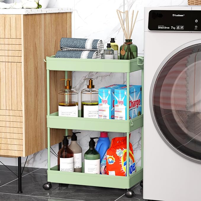 SPACEKEEPER 3 Tier Rolling Cart, Bathroom Cart Organizer with Wheels, Green | Mobile Storage Cart for Laundry Room Organization,Kitchen,Office,Bathroom, Utility Cart for Snack,Craft,Art,Makeup,Nail,Toys