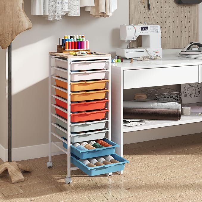 Giantex Rolling Storage Cart with 10 Drawers, Utility Cart w/Wooden Tabletop, Lockable Wheels, Multipurpose Organizer for Art Craft Books Paper, Drawer Carts for Dorm Classroom Office, Macaron