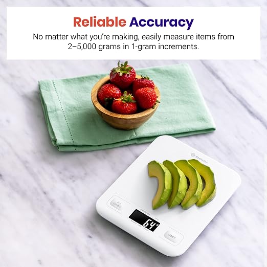 Etekcity Food Kitchen Scale, Digital Grams and Ounces for Weight Loss, Baking, Cooking, Keto and Meal Prep, LCD Display, Medium, White | Tare function, ideal for baking, weight loss, keto, meal prep, packages, liquids and jewelry, White
