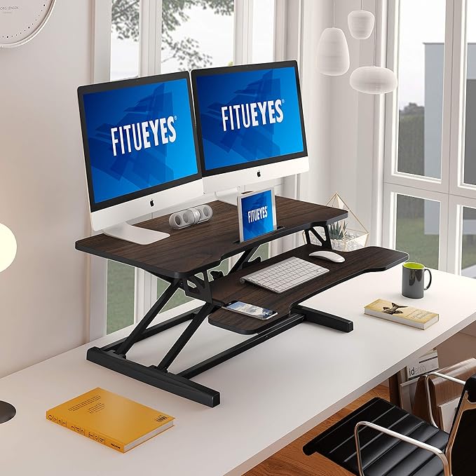 FITUEYES Height Adjustable Standing Desk 36” Wide Sit to Stand Converter Stand Up Desk Tabletop Workstation for Laptops Dual Monitor Riser Brown SD309102WE