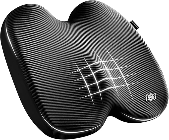 Skechers Seat Cushion, Ergonomic Memory Foam Cushion for Long Sitting Hours on Office & Home Chair, Car Seat Cushion for Sciatica, Coccyx Cushion,Black