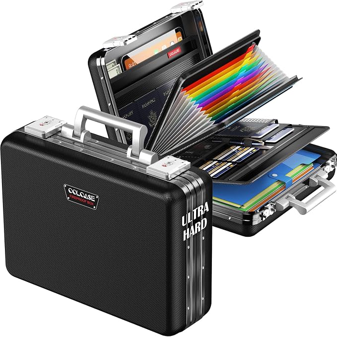 Fireproof Document Box, Ultra Hard Metal Frame Fireproof Safe Box | Aluminum Alloy Frame Zipperless All-Around Fireproof Document Organizer with TSA Lock Black