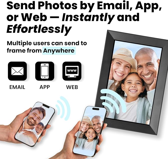 PhotoSpring No Subscription, 10in WiFi Digital Picture Frame, Email App Web, USA Company, 32gb Touch Screen, Play Videos up to 5min