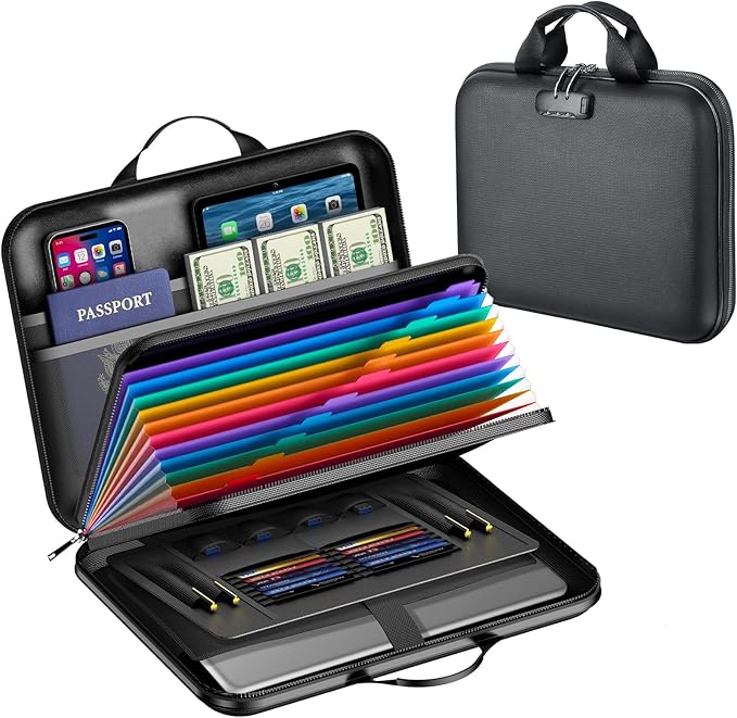 Fireproof Document Box with Lock, Waterproof Hard-Shell File Organizer with 13-Pocket Accordion Folder & Multi-Compartments for Laptop, Documents, Passports & Valuables