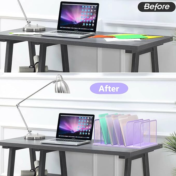 Kuntine.B 7-Section Upright Desk File Organizer Purple 2 Pack | Vertical, Mesh, Metal, Assembly, Stability, Sturdiness, Organization, Standing