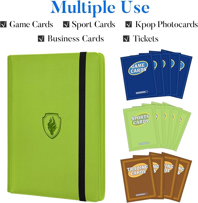 Premium 9 Pocket Card Binder for 540 Cards, Fabmaker PU Cover Trading Card Binder, Sturdy Card Collection Album, Sleek Card Holder Folders for Game Cards & Sports Cards, Green