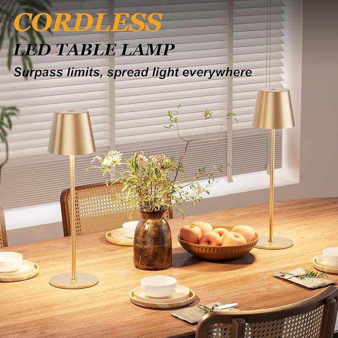 Kakanuo Cordless Table Lamp Rechargeable Gold - KK 4 Pack Battery Operated Lamp for Dining Table, 3 Color Stepless Dimming Wireless Lamp for Counter, Outdoor Patio, Touch Control