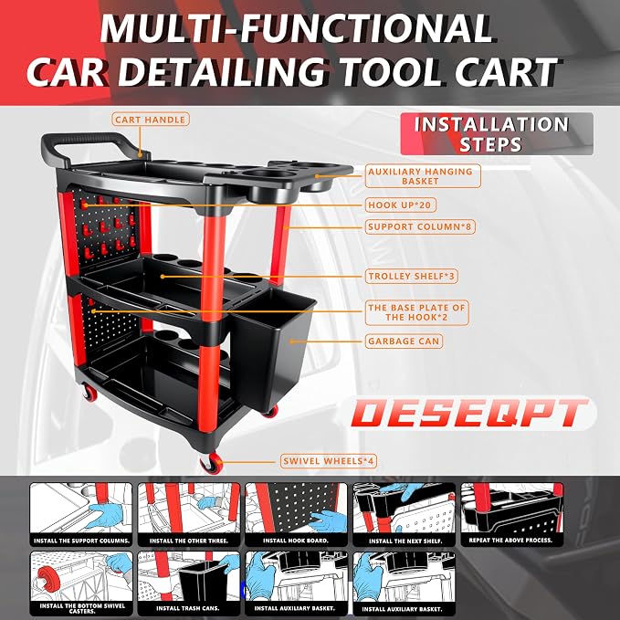 Auto Detailing Cart with Wheels, 3 Tier Rolling Detail Cart | With Long Hanging Plate, Hooks, Hanging Bucket and Cat Ear Basket, for Detailers Garage, Workshop, Repair Shop, Storage Tool