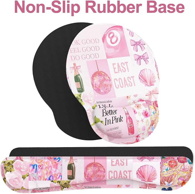 Ergonomic Mouse Pad with Wrist Rest and Keyboard Wrist Rest, Mousepad | Memory Foam Wrist Rest for Computer Keyboard, Pain Relief, Non-Slip Base, Mouse Pad Wrist Support for Gaming, Pink Collage