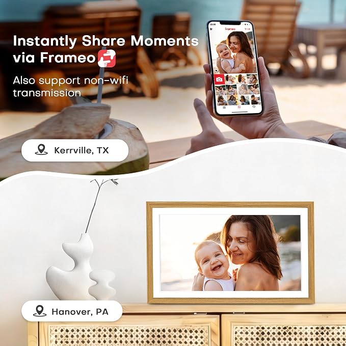 Frameo 15.6 inch Digital Picture Frame WiFi Wood, 1920 * 1080 IPS FHD Touchscreen Large Digital Photo Frame, 32GB Storage, Instant Share Photo Video, Wall-Mountable & Tabletop Display, Gift for Mom