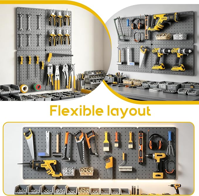 Steel Pegboard Tool Wall Organizer, 4 Pack 14.76 x 10.82 in, 6 Bins, Gray | 6 clear storage bins organize screws and small parts; 36 hooks and 30 peg locks keep garage tools sorted and easy to reach.