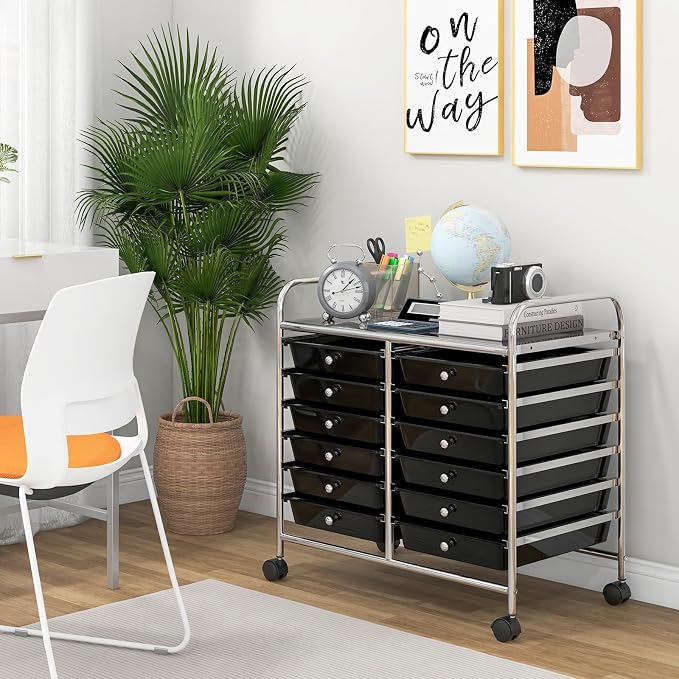 COSTWAY 12-Drawer Rolling Storage Cart, Utility Storage Organizer Cart | For Tools, Scrapbook, Paper, Craft, Multipurpose Art Supply Organizer on Wheels for Home Office School, Teacher, Black