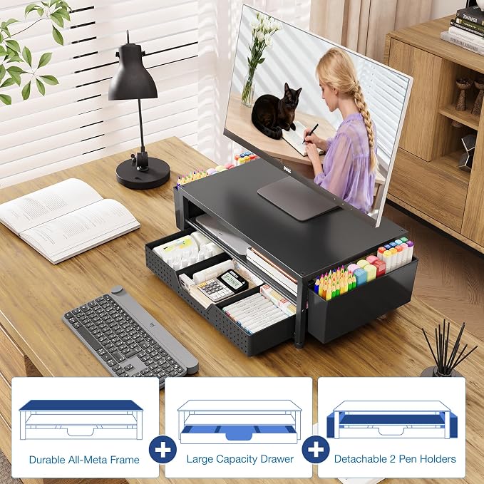 Desk Organizers and Accessories, Computer Monitor Stand Riser with Drawer and 2 Pen Holders, Printer & Laptop Stand, Office Desk Accessories & Workspace Organizers for Home Office Supplies, Black