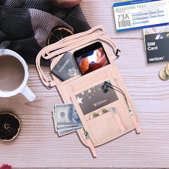 WALNEW Passport Holder Neck Pouch Travel Wallet for Women and Men, RFID Blocking Security Slim Traveling Wallet with Around Neck Lanyard Strap, Pink | Around Neck Lanyard Strap, Travel Safety Anti Theft Bag, Neck Wallet for Traveling Women