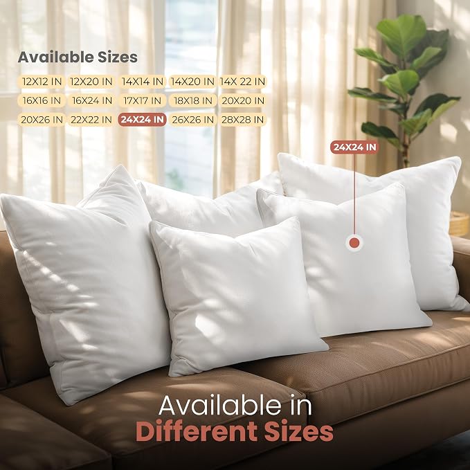 Utopia Bedding 24x24 Pillow Inserts, White Throw Pillows for Couch, 2 Pack | Indoor cushion inserts for bed, sofa & couch, Supportive & fluffy decorative pillows for everyday comfort, Set of 2, White