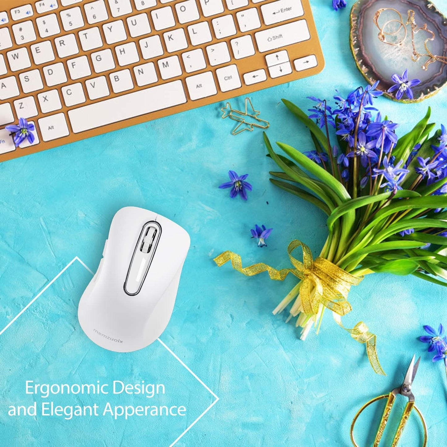 memzuoix 2.4G Wireless Mouse, 1400 DPI Computer Mice with USB Receiver, Portable Wireless USB Mouse Battery Powered Cordless Mice for Laptop, PC, Desktop, 5 Buttons (White)