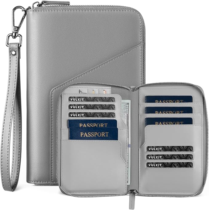VULKIT Family Passport Holder for 4 Passports, RFID Blocking Travel Wallet | 6 Card Slots, 2 SIM Pockets, Secure Zipper Closure, Holds 4 Passports, Family Travel Essential