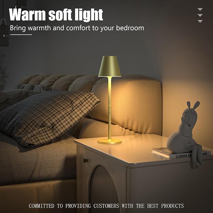Timjorman 2-Pack Cordless Table Lamps - 5000mAh Rechargeable Battery Operated Desk Lamp, 3-Level Dimmable LED Night Light for Bedroom, Dining, Restaurant - Metal Design (Champagne Gold 2Pack)